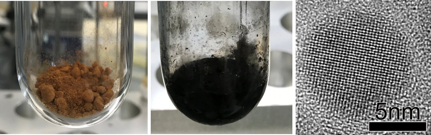 反应前的金属络合物粉末（左）、正在高温下合成氧化铁纳米颗粒的金属络合物（中）、合成的氧化铁纳米颗粒的电子显微镜图像（右）